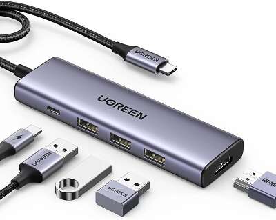 Конвертер UGREEN CM511 (15597) USB-C To HDMI 4K@60Hz+3*USB 3.0 A+PD Power Converter. Цвет: серый