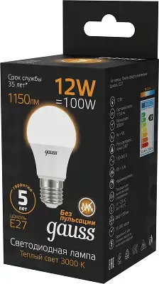 Лампа светодиодная Gauss A60 12Вт цок.:E27 груша 220B св.свеч.бел.теп. A60 (упак.:1шт) (102502112)