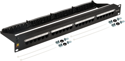 Патч-панель Патч-панель 19", 24 порта RJ45, неэкранированная, кат.5E, 1U, с задним органайзером с фиксаторами кабеля
