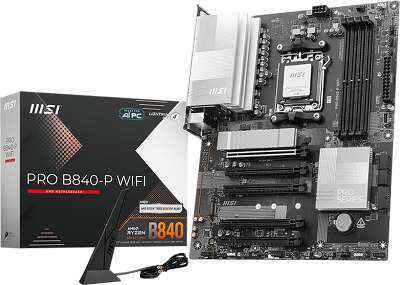 Материнская плата MSI PRO B840-P WIFI B840, AM5, 4*DDR5, 5*PCIEx16, 2*M.2, 2*TypeC, 1*USB3.2Gen2, 4*USB3.2Gen1, 8*USB2.0, 4*SATA3.0, 2.5G, HDMI, ATX, RTL