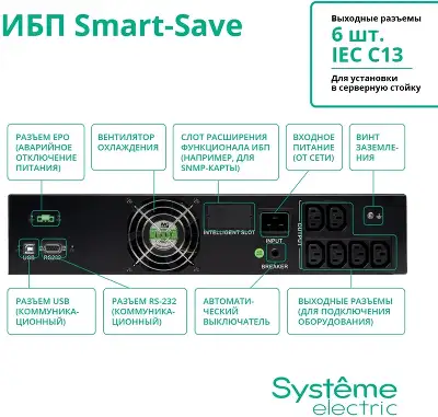 ИБП Smart-Save SMT Systeme Electric 2000 ВА RM 2U AVR 6 C13 230 В SmartSlot [SMTSE2000RMI2U]