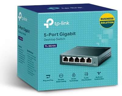 Коммутатор TP-LINK TL-SG105 5-портовый настольный гигабитный коммутатор, 5 портов RJ45 10/100/1000 Мбит/с, металлический корпус, {36} (021146)