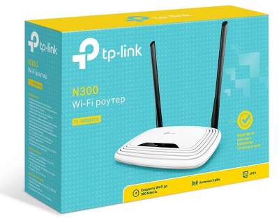 Маршрутизатор TP-LINK TL-WR841N N300 Wi-Fi роутер, чипсет Mediatek, 2T2R, до 300 Мбит/с на 2,4 ГГц, 802.11b/g/n, 5 10/100 Мбит/с портов, 2 фиксированные 5 дБи антенны, поддержка PPTP/L2TP/PPPoE Россия, поддержка IGMP Snooping/Proxy, режима моста и 802.1Q 