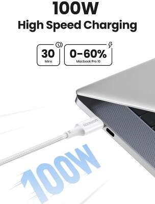 Кабель UGREEN L502 (35221) 100W USB-C to USB-C PD Fast Charging Braided Cable 5A Max. Длина: 2м. белый
