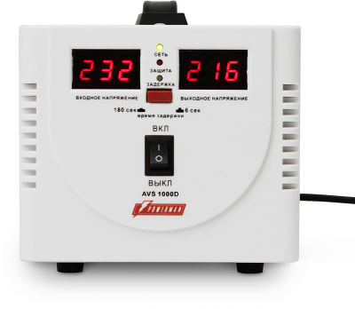 Стабилизатор POWERMAN AVS 1000D, ступенчатый регулятор, цифровые индикаторы уровней напряжения, 1000ВА, 140-260В, максимальный входной ток 7А, 2 евророзетки, IP-20, напольный, 200мм х 150мм х 140мм, 2,3 кг./ Stabilizer POWERMAN AVS 1000D, step-type regula