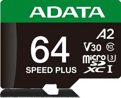 Карта памяти 64 Гб Micro SDXC ADATA Speed Plus, Class 10 UHS-I U3 V30 [UD64GUI3V30A2SP-RA1], с адаптером
