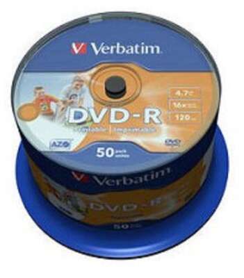 Verbatim  Диски DVD-R  4.7Gb 16х, Wide Photo InkJet Printable, 50шт, Cake Box (43533/43649)