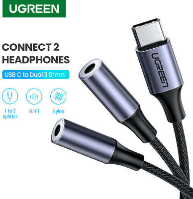 Разветвитель UGREEN AV144 (30732) USB Type C Male to 3.5mm 2 Female Audio Cable. Длина 25см. Цвет: серый
