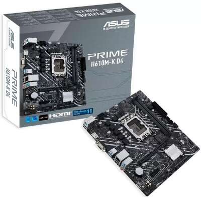 ASUS PRIME H610M-K D4 (Socket 1700, mATX, 2xDDR4(64GB), VGA/HDMI 2.1, 1xPCIe 4.0x16/1xPCIe 3.0/1xLAN, 4xSATA 6Gb/s, 1xM.2, 2xUSB 3.2, 4xUSB 2.0, 1xPS/2)
