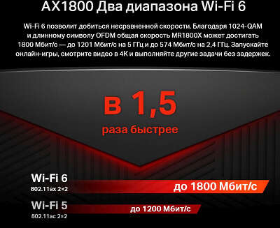Wi-Fi роутер Mercusys MR1800X, 802.11a/b/g/n/ac/ax, 2.4 / 5 ГГц