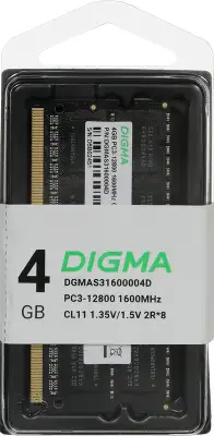 Память DDR3 4GB 1600MHz Digma DGMAS31600004D RTL PC3-12800 CL11 SO-DIMM 204-pin 1.35В dual rank Ret