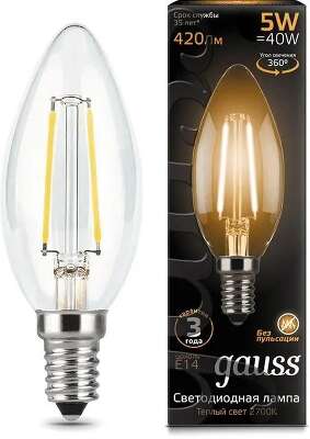 Лампа филам. Gauss Filament 5Вт цок.:E14 свеча 220B св.свеч.бел.теп. (упак.:1шт) (103801105)