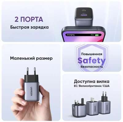 Сетевое зарядное устройство UGREEN CD350 (15539) Nexode 35W USB-A - USB-C Wall Charger EU. Цвет: серый