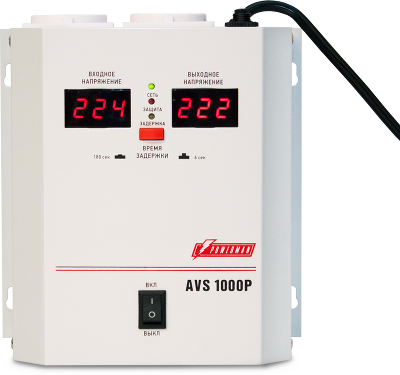 Стабилизатор POWERMAN AVS 1000P, ступенчатый регулятор, цифровые индикаторы уровней напряжения, 1000ВА, 110-260В, максимальный входной ток 7А, 2 евророзетки, IP-20, навесной, 185мм х 170мм х 100мм, 3.5 кг./ Stabilizer POWERMAN AVS 1000P, step-type regulat