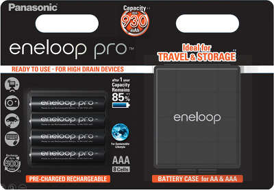 Комплект аккумуляторов AAA Panasonic Eneloop Pro BK-4HCDE/4BE, 930 мАч +футляр (4 шт в блистере)