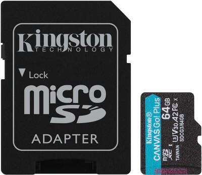 Карта памяти 64 Гб Micro SDXC Kingston Class 10 UHS-I U3 V30 Canvas Go! Plus [SDCG3/64GB], с адаптером