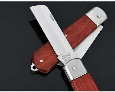 Нож электрика прямой складной Deli DL0070 длина 200мм, нержавеющая сталь, деревянная рукоять