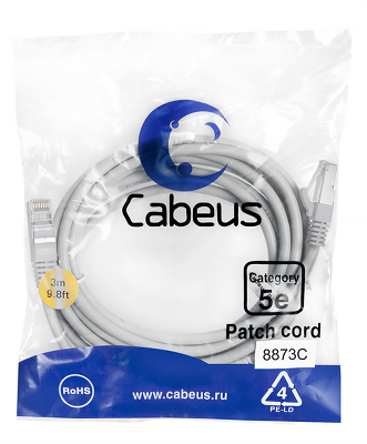 Патч-корд F/UTP,категория 5е, 2xRJ45/8p8c, экранированный, серый, LSZH, 3м Cabeus PC-FTP-RJ45-Cat.5e-3m-LSZH Патч-корд F/UTP,категория 5е, 2xRJ45/8p8c, экранированный, серый, LSZH, 3м
