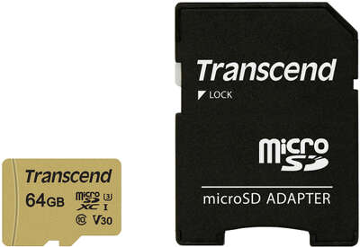 Карта памяти 64 Гб Micro SDXC Transcend 500S Class 10 UHS-1 U-3 V30 [TS64GUSD500S] с адаптером
