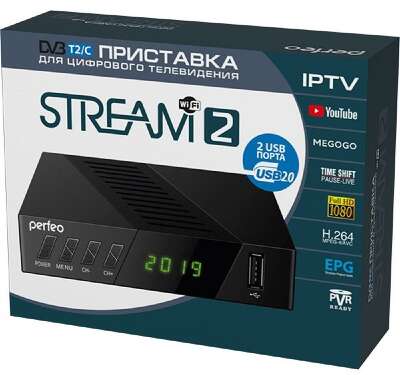 Perfeo DVB-T2/C приставка "STREAM-2" для  цифр.TV, Wi-Fi, IPTV, HDMI, 2 USB, DolbyDigital, пульт ДУ [PF_A4488 ]