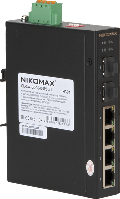 Неуправляемый промышленный коммутатор NIKOMAX, 4*10/100/1000Мбит/с PoE (af/at), 2*1Гбит/с SFP, крепление на DIN-рейку, 2*ввода питания, питание 44-57В (блок питания 120Вт поставляется отдельно), -40С +75С.