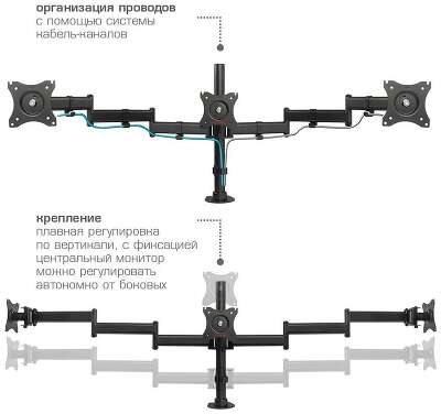 Кронштейн для мониторов Arm media LCD-T15 черный (настольный для 3-х мон. 15"-32", max 3x8 кг. 5 ст св., нак. ±45°, пов. 360°) (10162)
