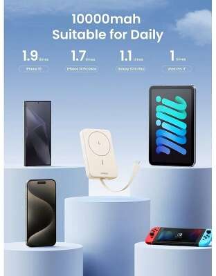 Внешний аккумулятор UGREEN PB760 (35341) 10000mAh MIni Magnetic Wireless 20W Power Bank со встроенным кабелем