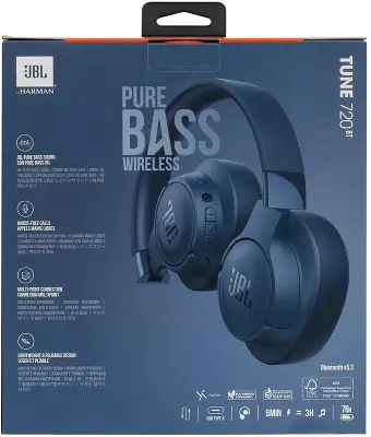 Гарнитура мониторные JBL Tune 720 BT 1.2м синий беспроводные bluetooth оголовье (JBLT720BTBLU)