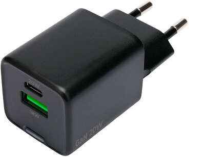 Зарядное устройство Cablexpert MP3A-PC-62, 20Вт GaN, 3А, QC4.0/PD, 1xUSB, 1xType-C, черный, пакет