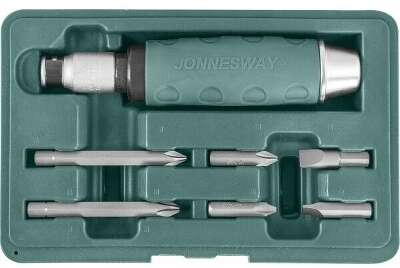 JONNESWAY (AG010055A) Ударная отвертка с битами SL 8,10мм PH# 2,3  36мм и PH# 2,3  80мм, 7 предметов