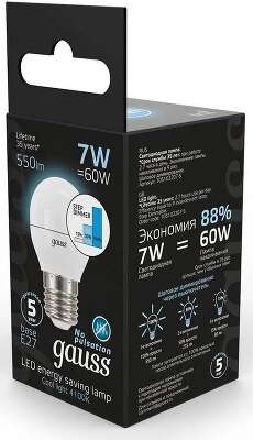 Лампа светодиодная Gauss 7Вт цок.:E27 шар 220B св.свеч.бел.нейт. (упак.:1шт) (105102207-S)