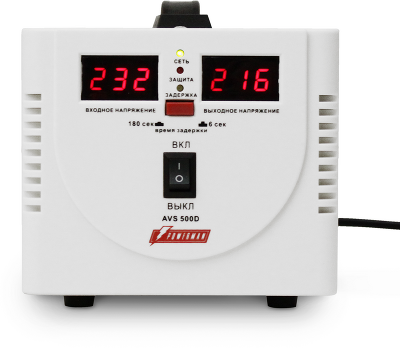 Стабилизатор POWERMAN AVS 500D, ступенчатый регулятор, цифровые индикаторы уровней напряжения, 500ВА, 140-260В, максимальный входной ток 5А, 2 евророзетки, IP-20, напольный, 200мм х 150мм х 140мм, 2,3 кг./ Stabilizer POWERMAN AVS 500D, step-type regulator