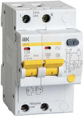 Выключатель автом. дифф. тока IEK MAD10-2-020-C-030 АД12 20A тип C 4.5kA 30мА AC 2П 230В 3мод белый (упак.:1шт)