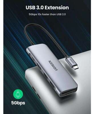 Хаб UGREEN CM195 (70411) 6-in-1 USB-C to 2 Ports USB3.0-A Hub + HDMI + TF/SD with PD. Цвет: серый космос