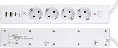 Сетевой фильтр Cablexpert Exnovo EXN-4-CU2-W-2 белый, Макс мощность 2500Вт, 3 розетки 220В, 10А, 2 розетки USB-A 5В, 1 розетка USB-C 30Вт PD, кабель 2м, ур.защиты 4+, коробка
