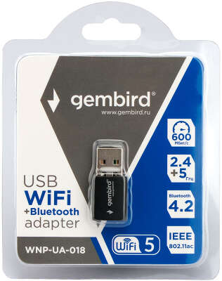 Сетевой адаптер WiFi+Bluetooth Gembird WNP-UA-018, 600 Мбит, двухдиапазонный мини, USB, 802.11b/a/g/n/ac