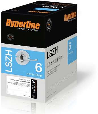 Кабель Hyperline UUTP4R-C6-S23-IN-LSZH-GY-305 (305 м) Кабель витая пара, неэкранированный U/UTP, категория 6, 4 пары 23 AWG, 4х2х0,57 мм, однопроволочные жилы, LSZH, нг(А)-HF, внутренний -20°C – +60°C, серый, системная гарантия 25 лет