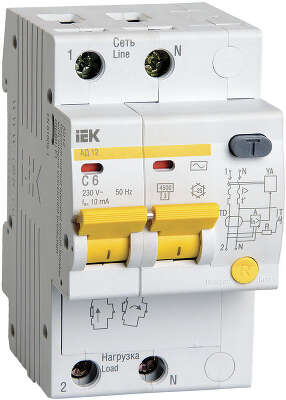 Выключатель автом. дифф. тока IEK MAD10-2-006-C-010 АД12 6A тип C 4.5kA 10мА AC 2П 230В 3мод белый (упак.:1шт)