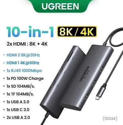 Конвертер UGREEN CM639 (15534) Revodok Pro 10-in-1 8K@30Hz USB-C to 1*USB3.0&2*USB2.0&USB-C3.0&2*HDMI&RJ45 Gigabit&SD&TF&PD. Цвет: серый