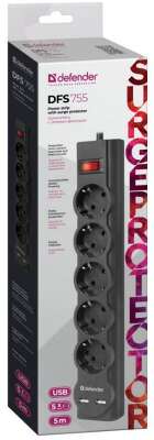 Сетевой фильтр DEFENDER DFS 755 черный (5м, 5 розеток, 10A, 2xUSB) (99755)
