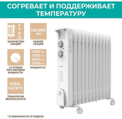 Радиатор масляный Timberk TOR 21.1507 BC 1500Вт белый