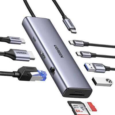 Конвертер UGREEN CM498 (15375) USB-C to 2*USB3.0+2*USB-C+HDMI+RJ45+SD&TF +PD port Converter. Цвет: серый