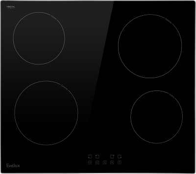 Электрическая варочная панель EVELUX, 4 конфорки, мощность конфорок 1200,1200,1800,1800 Вт, сенсорное управление, индикация остаточного тепла, защитное отключение, таймер, автоматическое отключение, HiLight, 9 уровней мощности, цвет черный