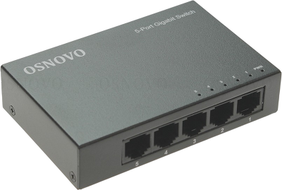 Коммутатор неуправляемый/ OSNOVO Неуправляемый коммутатор Gigabit Ethernet на 5 портов. Порты: 5 x GE (10/100/1000Base-T). Auto MDI/MDIX Встроенная грозозащита 2кВ. В комплекте БП DC12V(1A). Размеры (ШхВхГ): 100 x 23 x 65мм. Рабочая температура: 0...+40 г