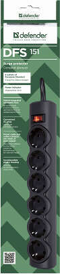 Сетевой фильтр Defender DFS 151 1,8 м, черный, 6 розеток/ Surge Protector Defender DFS 151 1,8m, black, 6 outlets
