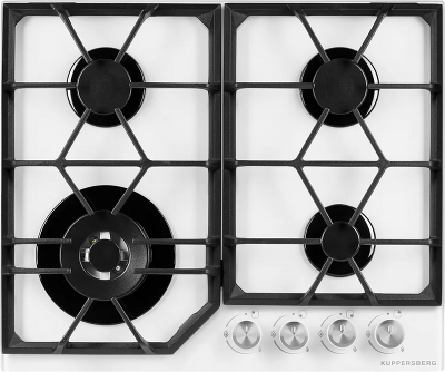 Газовая варочная поверхность Kuppersberg/ KITCHEN RETAIL / Газовая варочная поверхность, закаленное стекло, ширина 60 см, 4 газовые конфорки, WOK конфорка(3,8 кВт), автоподжиг, газ-контроль, чугунные решетки, цвет белый
