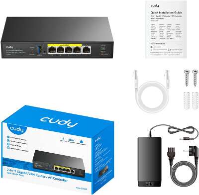 Маршрутизатор CUDY C200P 2-IN-1 SMB Router / AP Controller, 1 Gigabit Ethernet + 4 Gigabit PoE+ PSE Ports + 1 USB 3.0, PSE output up to 30Watts per port, support AP Management, Multi-SSID, Captive Portal, Zerotier/Wireguard/OpenVPN/IPSec/L2TP/PPTP VPN, DN