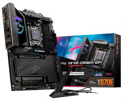 Материнская плата MSI MPG X870E CARBON WIFI X870E, AM5, 4*DDR5, 3*PCIEx16, 4*M.2, 4*TypeC, 9*USB3.2Gen2, 4*USB3.2Gen1, 4*USB2.0, 4*SATA3.0, 5G, 2.5G, 2*Type-C(DP), HDMI, ATX, RTL