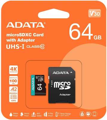 Флеш карта microSD 64GB A-DATA Premier Pro microSDXC Class 10 UHS-I U3 V30 A2 100/80 MB/s (SD адаптер)