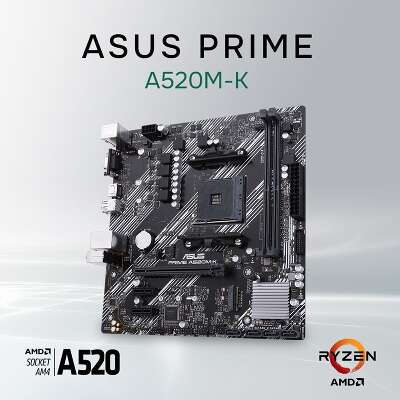 ASUS PRIME A520M-K (Socket AM4, mATX, 2xDDR4(64GB),  VGA/HDMI 2.1, 1xPCIe 3.0x16/2xPCIe 3.0, 1xLAN, 4xSATA 6Gb/s, 1xM.2, 4xUSB 3.2, 2xUSB 2.0, 1xPS/2)